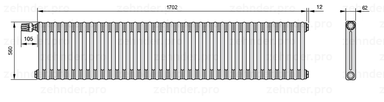 Схема (чертеж) Радиатор Zehnder Charleston 2056/37 №V012 Белый глянцевый RAL 9016